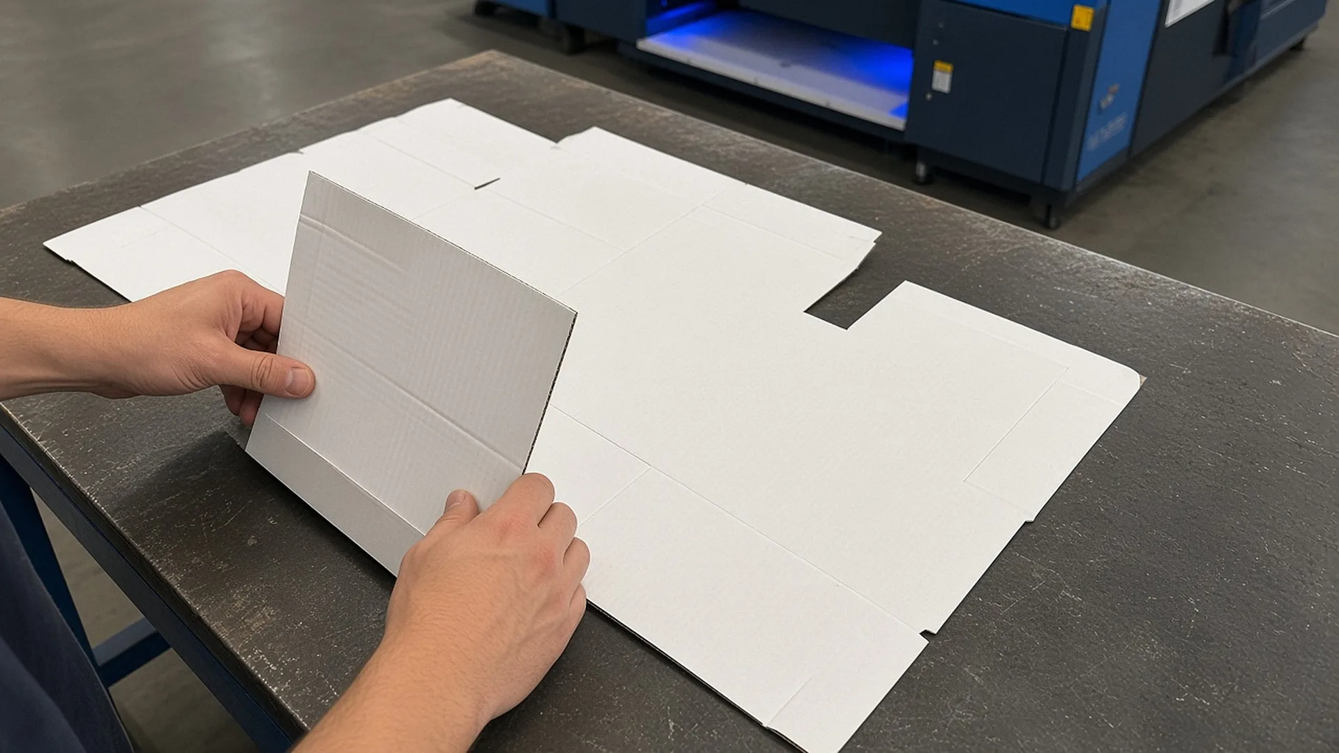 Hands folding a white flat-pack cardboard display up from flat on a workbench