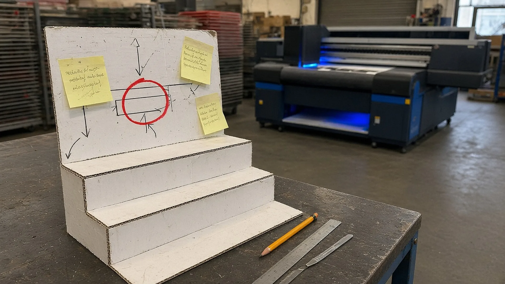 White stepped cardboard sample with marked-up sketches and notes behind it