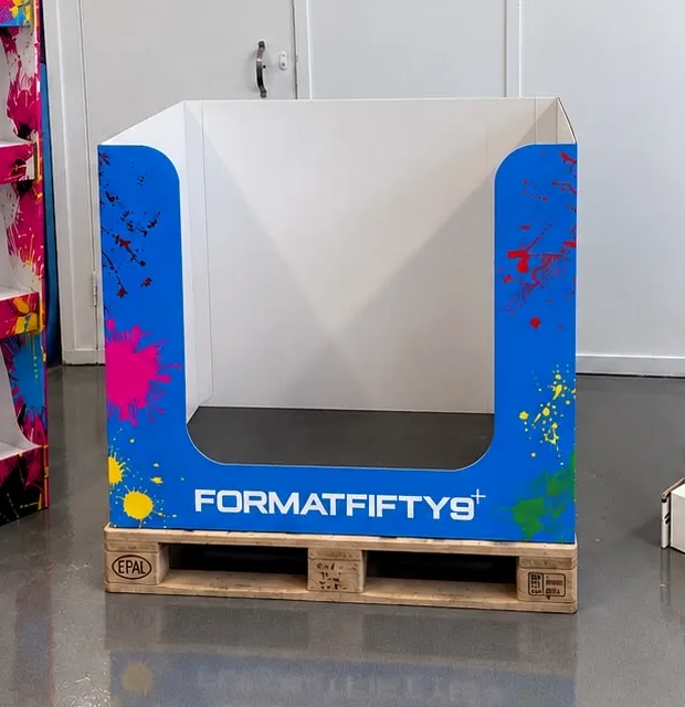 Formatfifty9-branded pallet display unit on a pallet