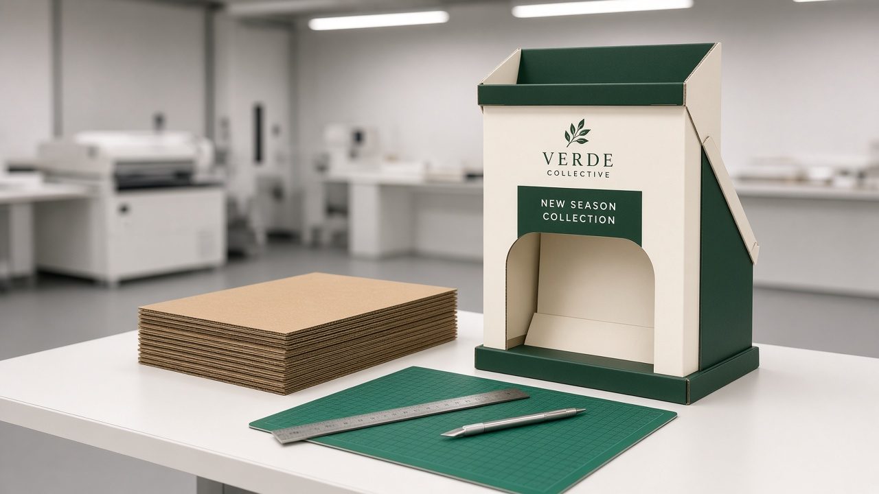 Temporary stock - a sample display beside flat-pack board on a desk